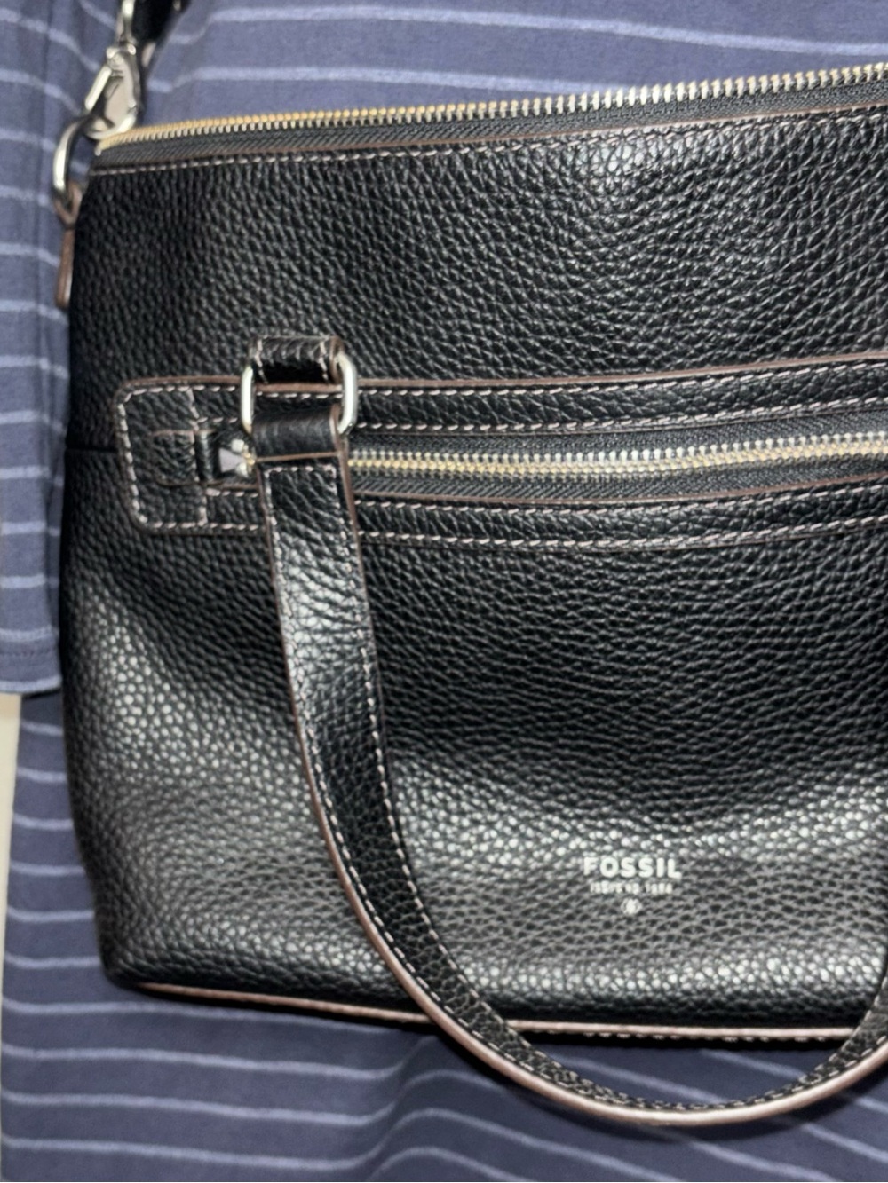 Fossil Black Pebbled Leather Convertible Satchel Crossbody Purse Mid Size - Picture 7 of 16